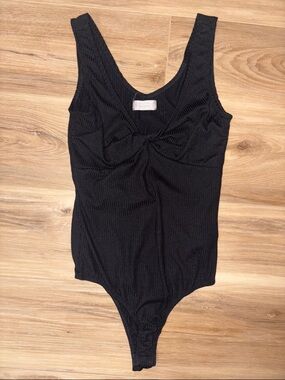 Altar'd State Black Ribbed Front-Twist Bodysuit